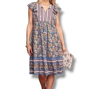 Matilda Jane blue floral Heart to Pasture peplum ruffle sleeve dress L